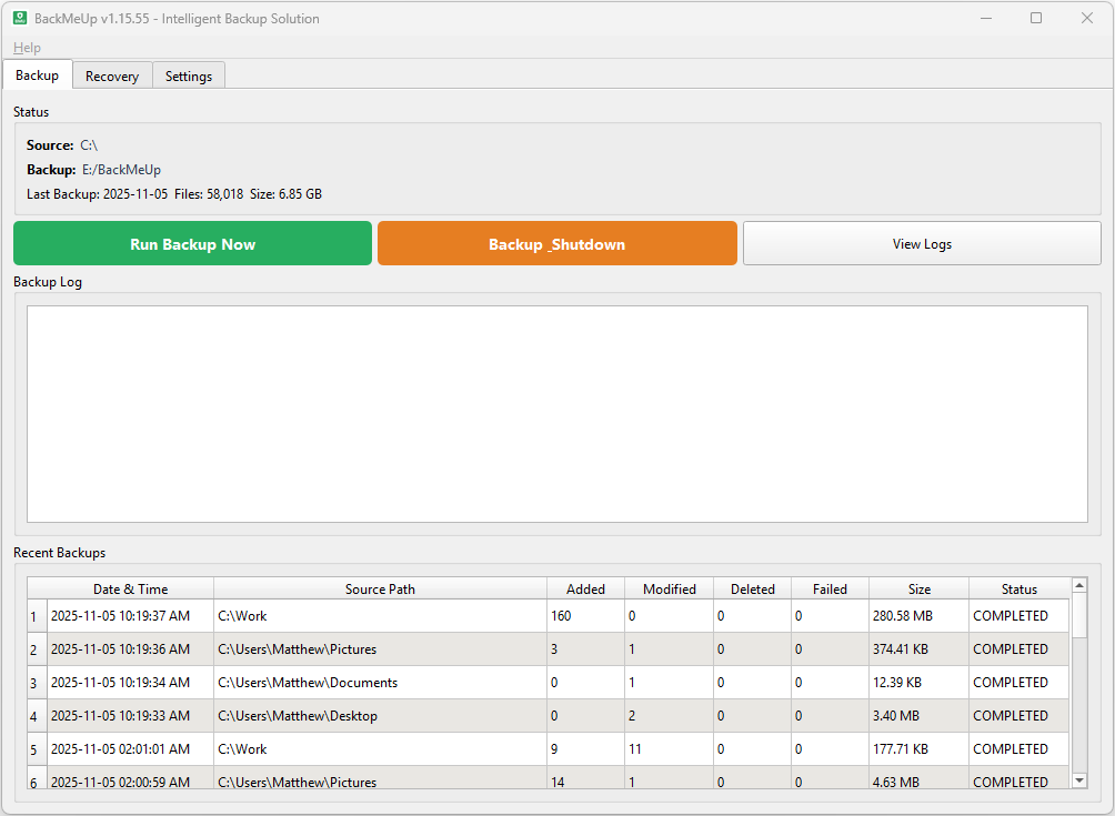 BackMeUp Dashboard Screenshot