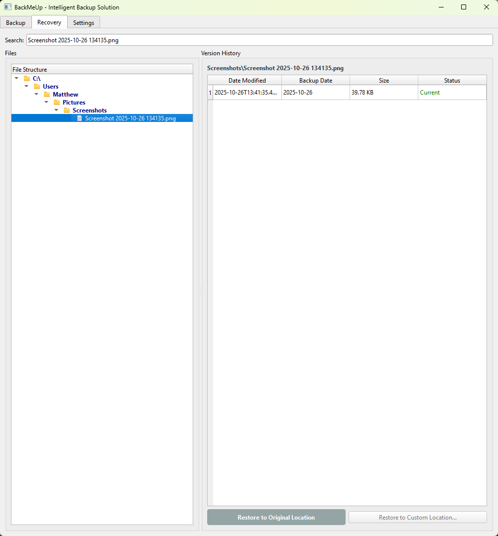 BackMeUp opens showing file versions